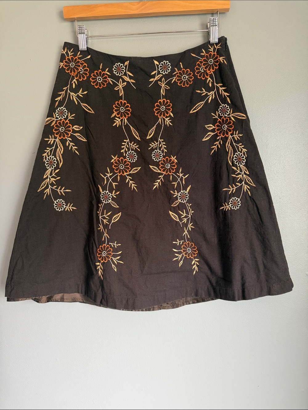Vintage Folk Boho Hippy Embroidered Floral A-Line Lined Brown Women’s Skirt 6